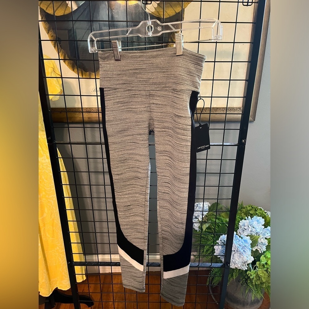 Lanston Sport Gray and Black Leggings with Bold Stripes